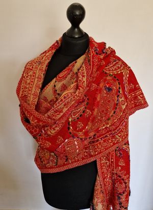 Handmade Red Embroidered Woollen Shawl 